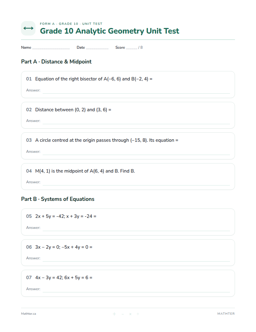 Grade 10 Analytic Geometry unit test, page one