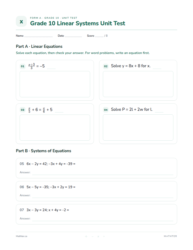 Grade 10 Linear Systems unit test, page one