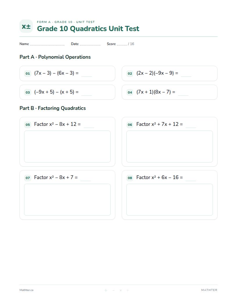 Grade 10 Quadratics unit test, page one