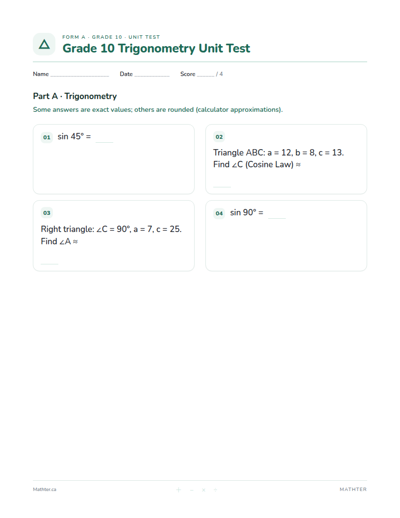 Grade 10 Trigonometry unit test, page one