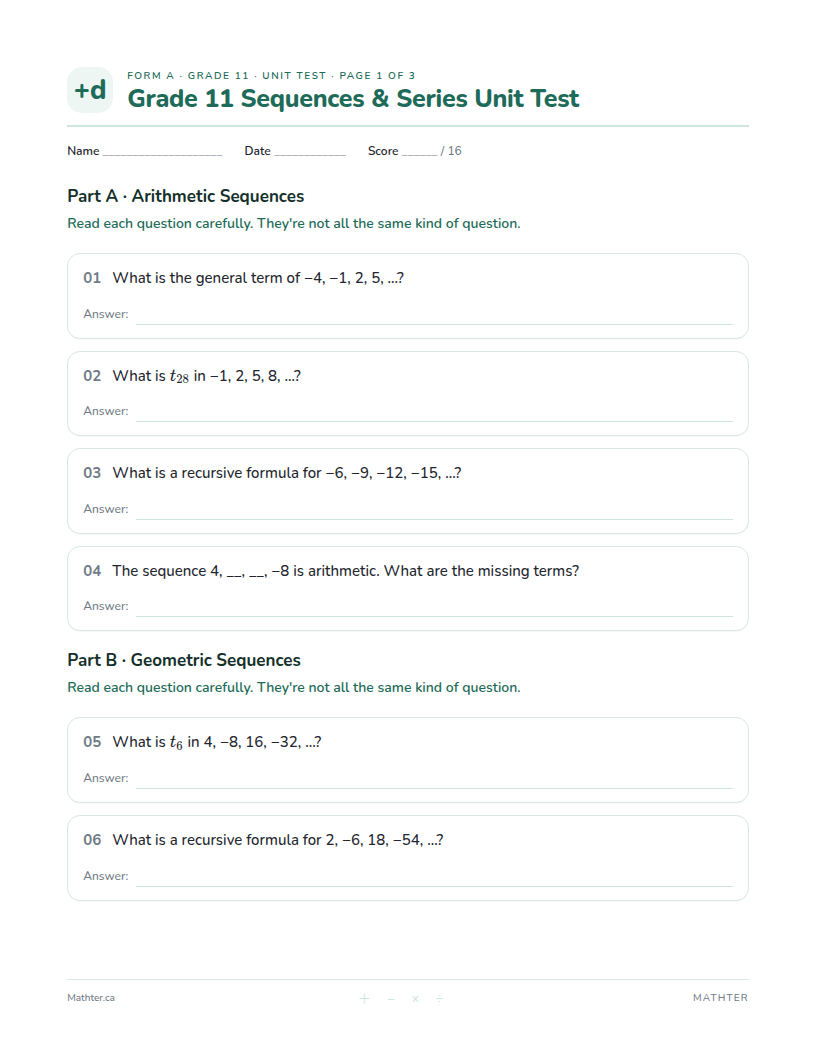 Grade 11 Sequences & Series unit test, page one