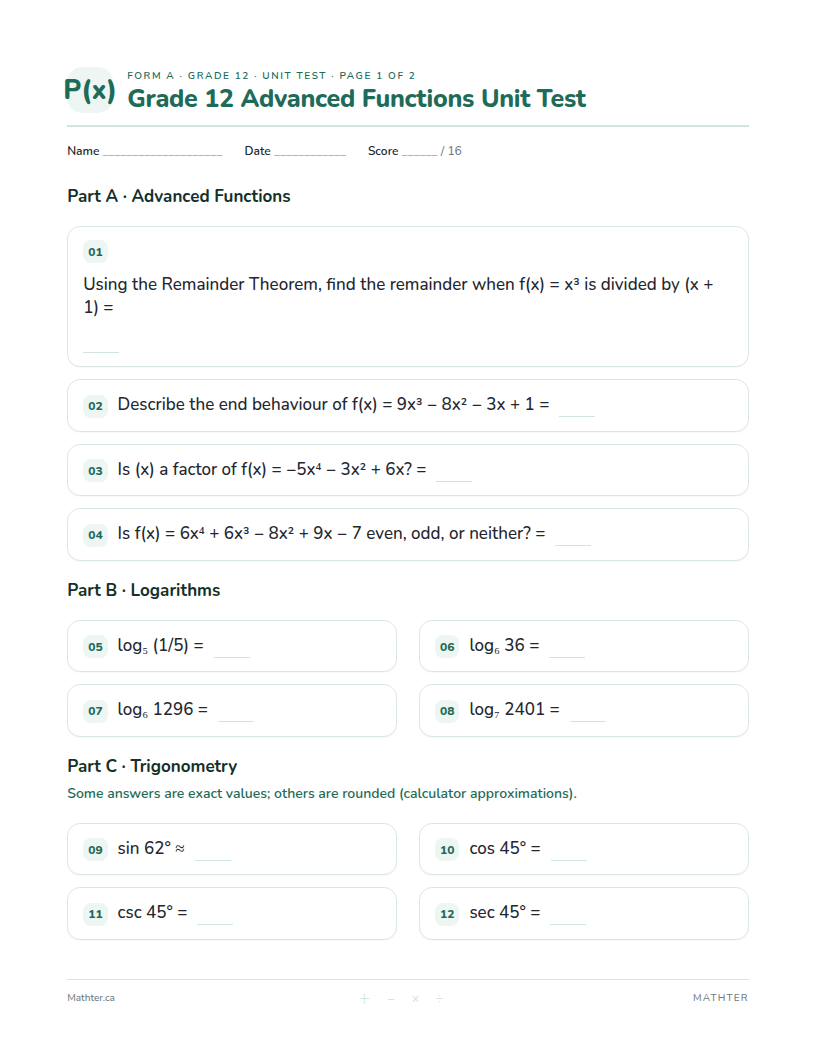Grade 12 Advanced Functions unit test, page one
