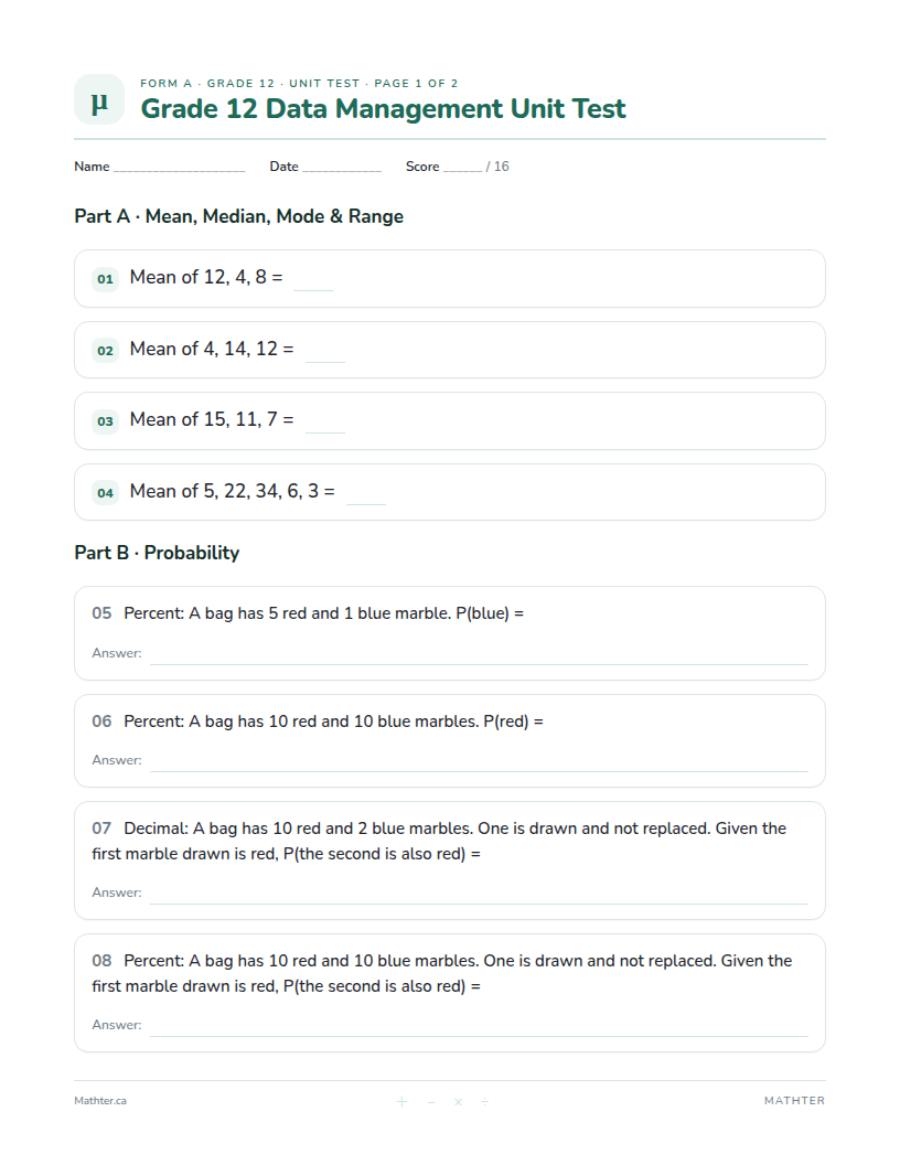 Grade 12 Data Management unit test, page one