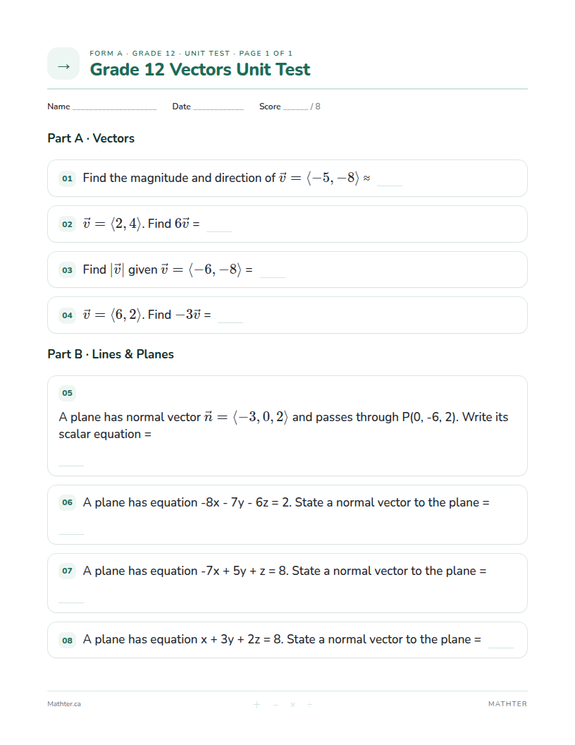 Grade 12 Vectors unit test, page one
