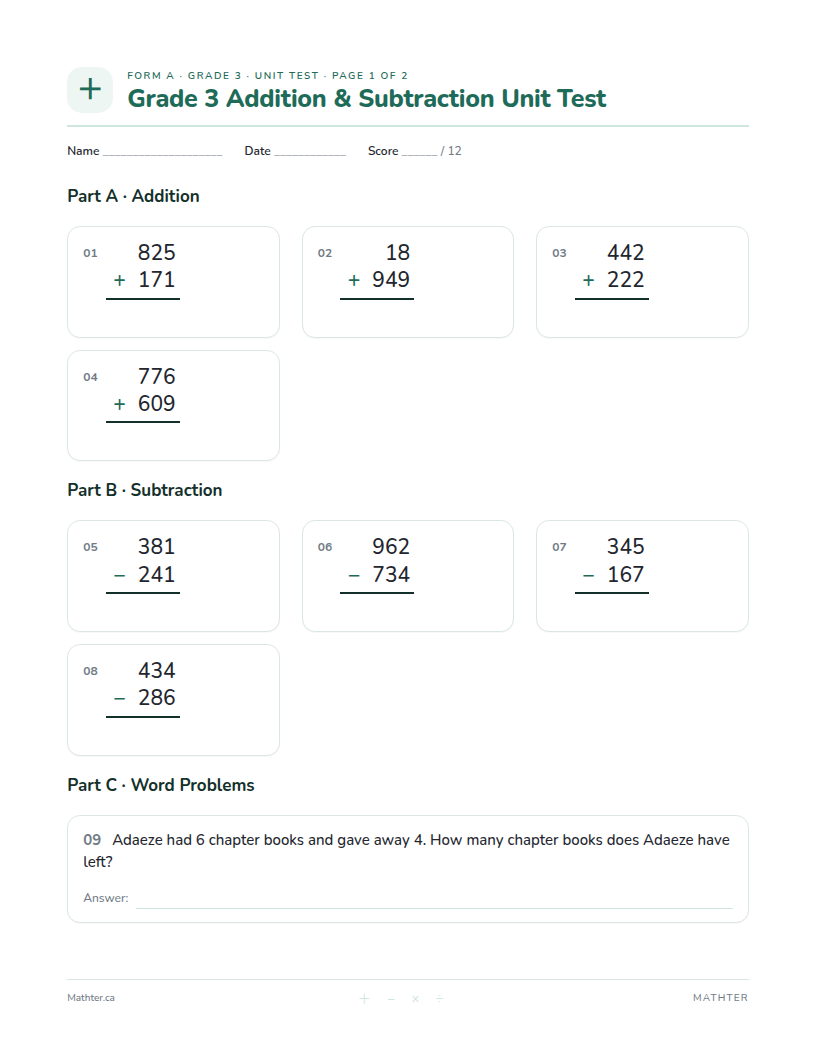 Grade 3 Addition & Subtraction unit test, page one