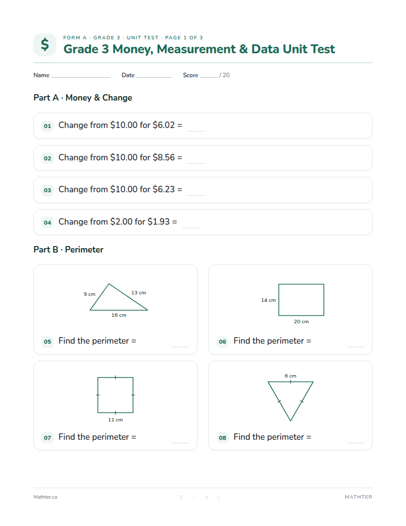 Grade 3 Money, Measurement & Data unit test, page one