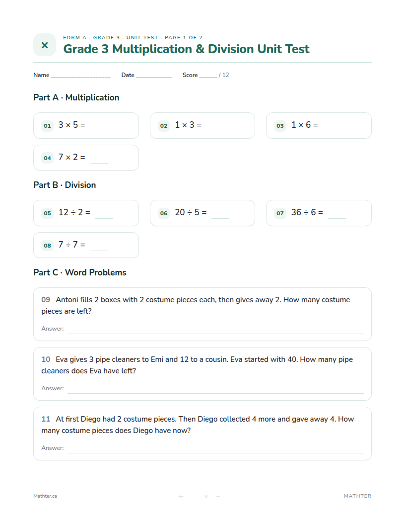 Grade 3 Multiplication & Division unit test, page one