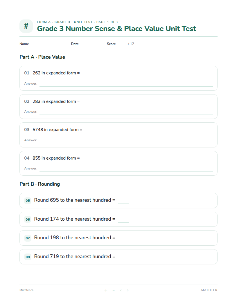 Grade 3 Number Sense & Place Value unit test, page one