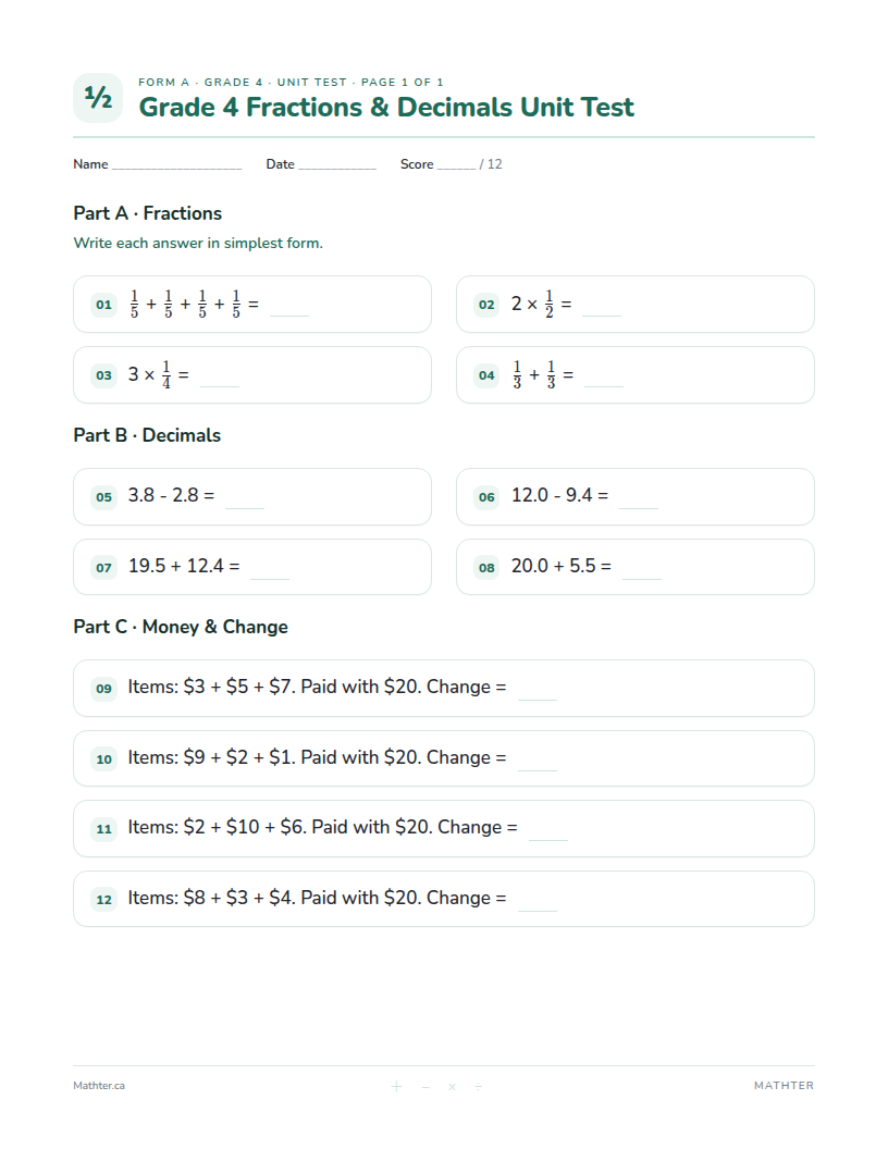 Grade 4 Fractions & Decimals unit test, page one