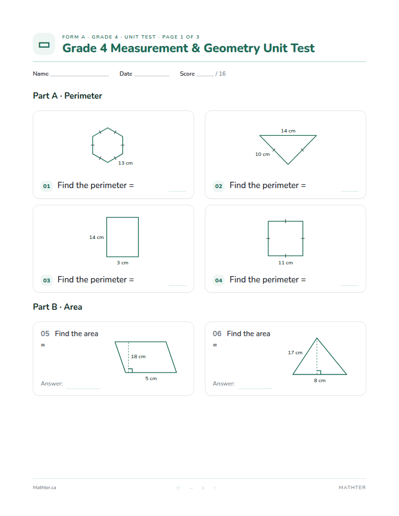Grade 4 Measurement & Geometry unit test, page one