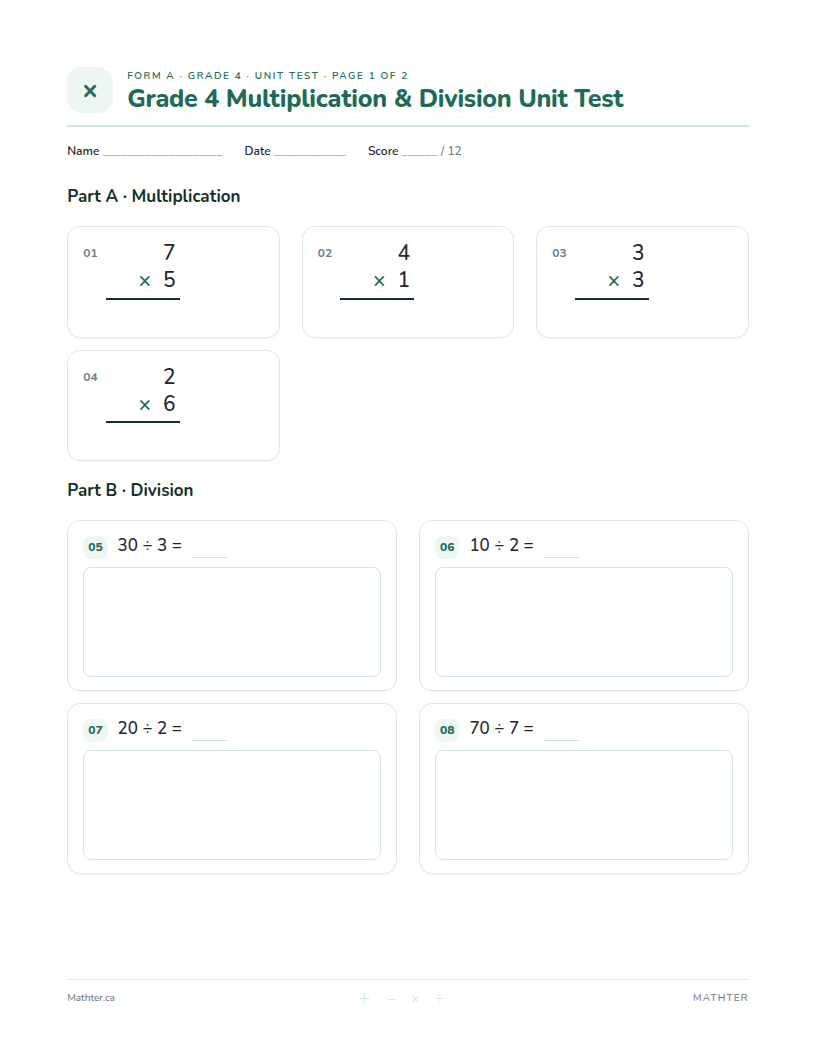 Grade 4 Multiplication & Division unit test, page one