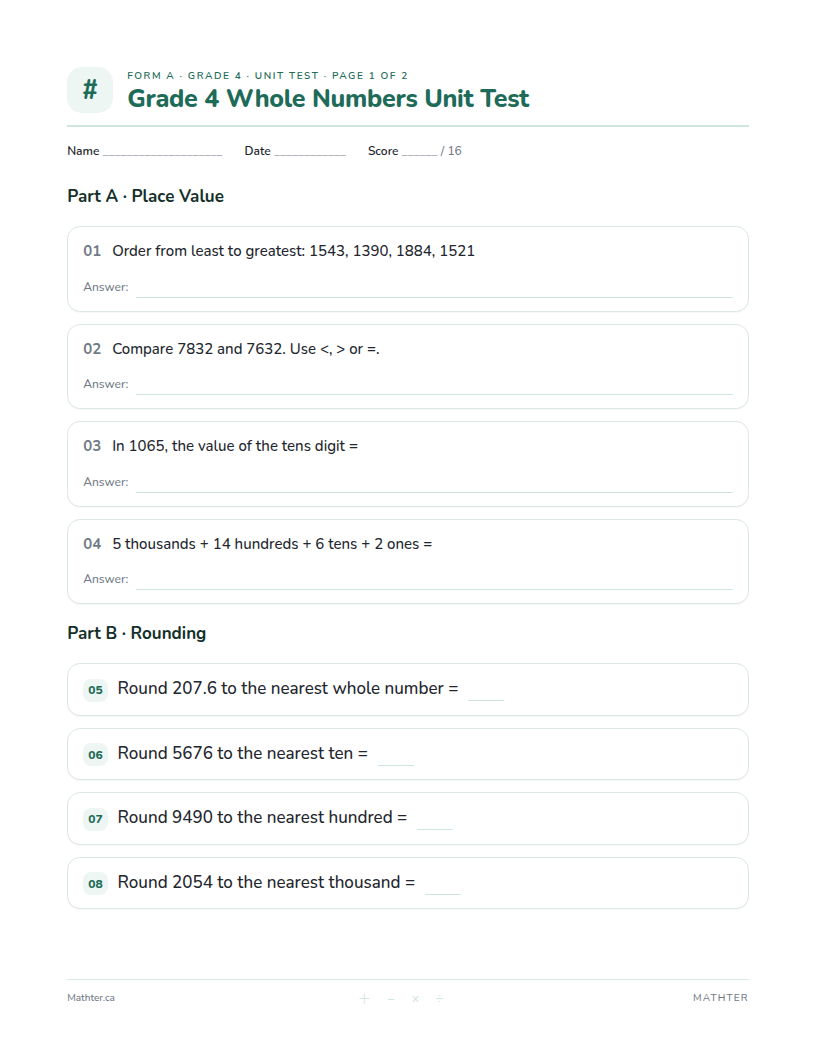 Grade 4 Whole Numbers unit test, page one