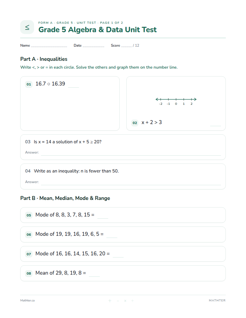 Grade 5 Algebra & Data unit test, page one