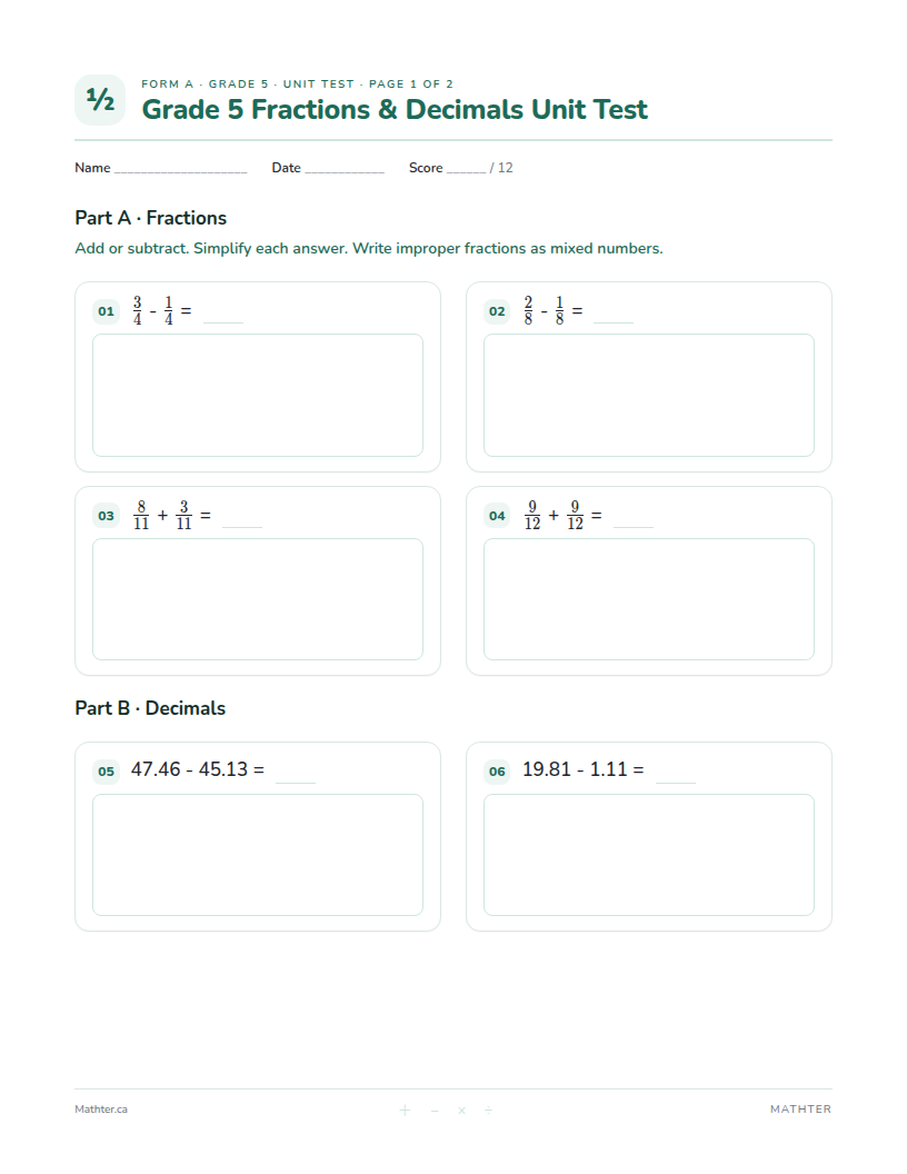 Grade 5 Fractions & Decimals unit test, page one