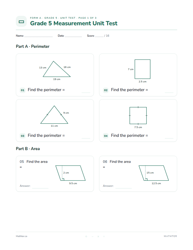 Grade 5 Measurement unit test, page one