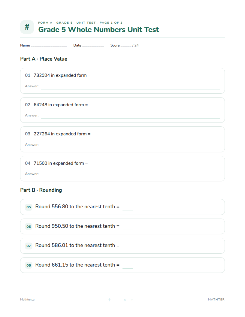 Grade 5 Whole Numbers unit test, page one
