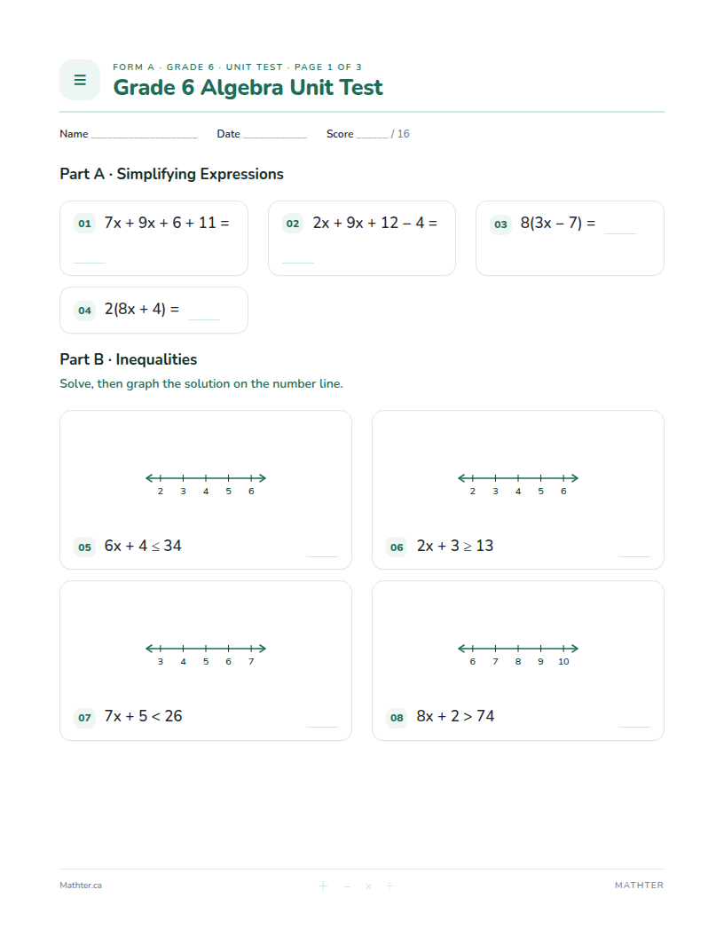 Grade 6 Algebra unit test, page one