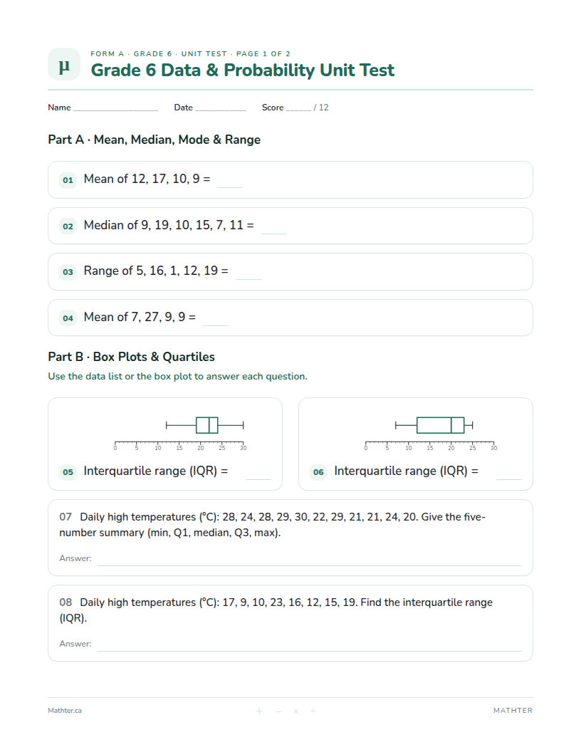 Grade 6 Data & Probability unit test, page one