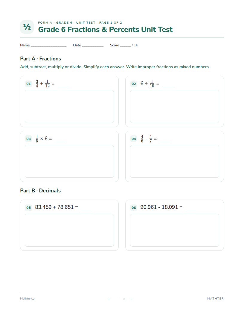 Grade 6 Fractions & Percents unit test, page one