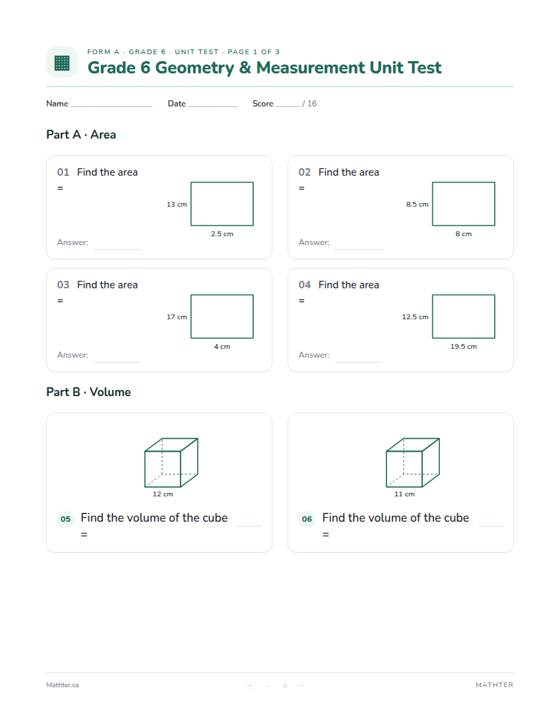Grade 6 Geometry & Measurement unit test, page one
