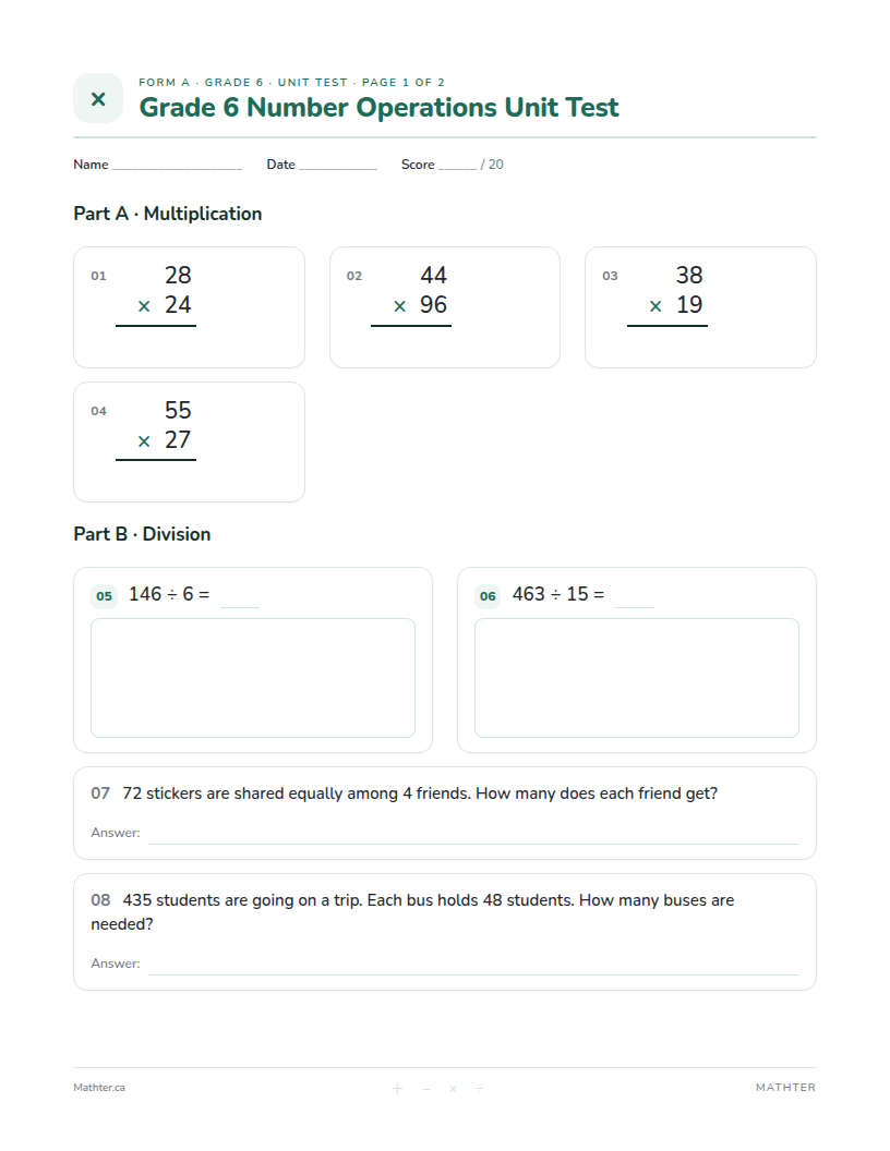 Grade 6 Number Operations unit test, page one