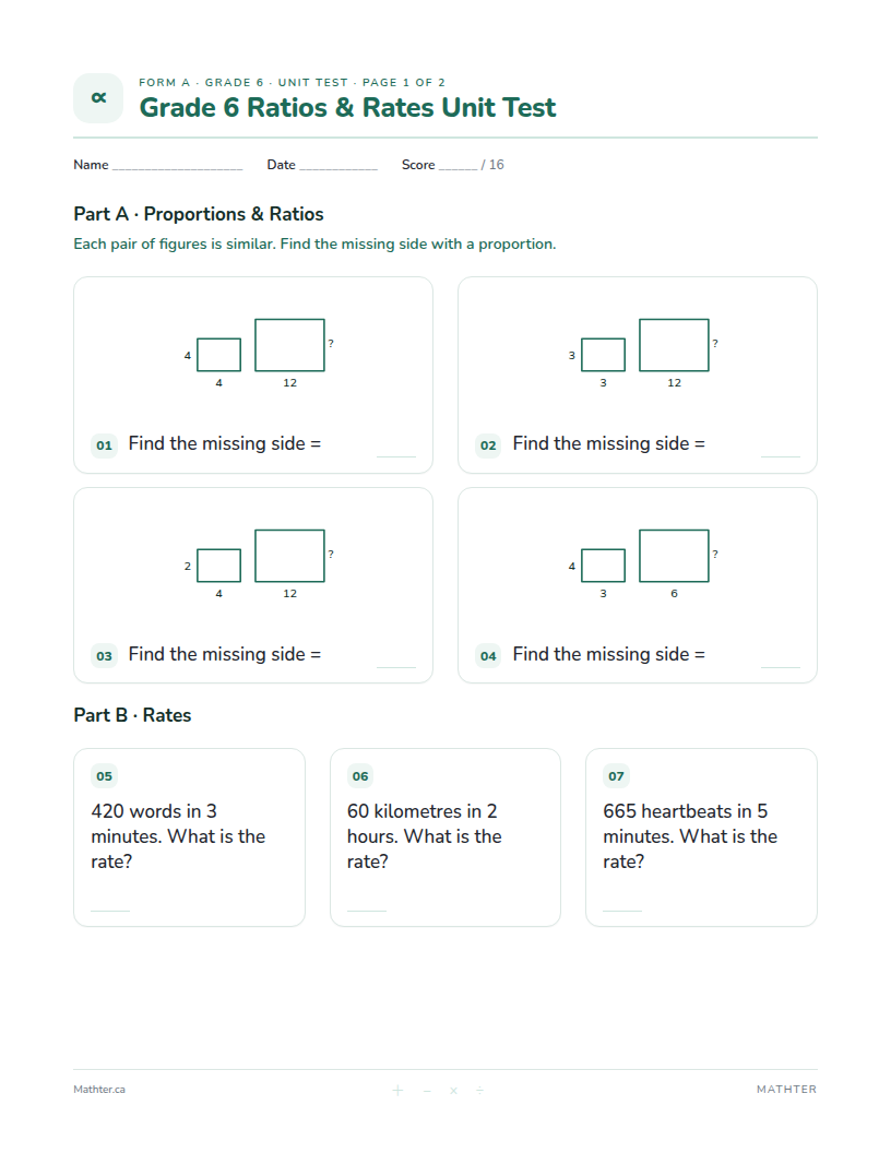 Grade 6 Ratios & Rates unit test, page one