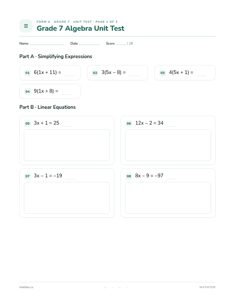 Grade 7 Algebra unit test, page one
