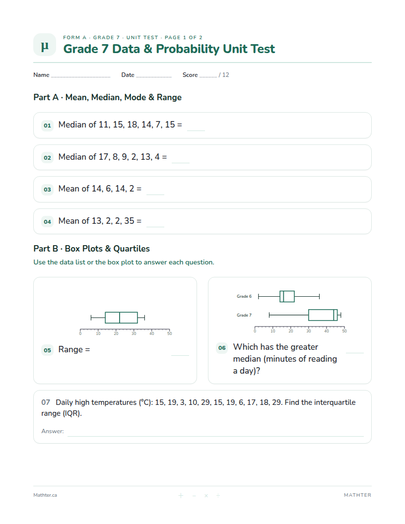 Grade 7 Data & Probability unit test, page one