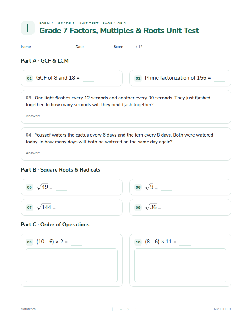 Grade 7 Factors, Multiples & Roots unit test, page one