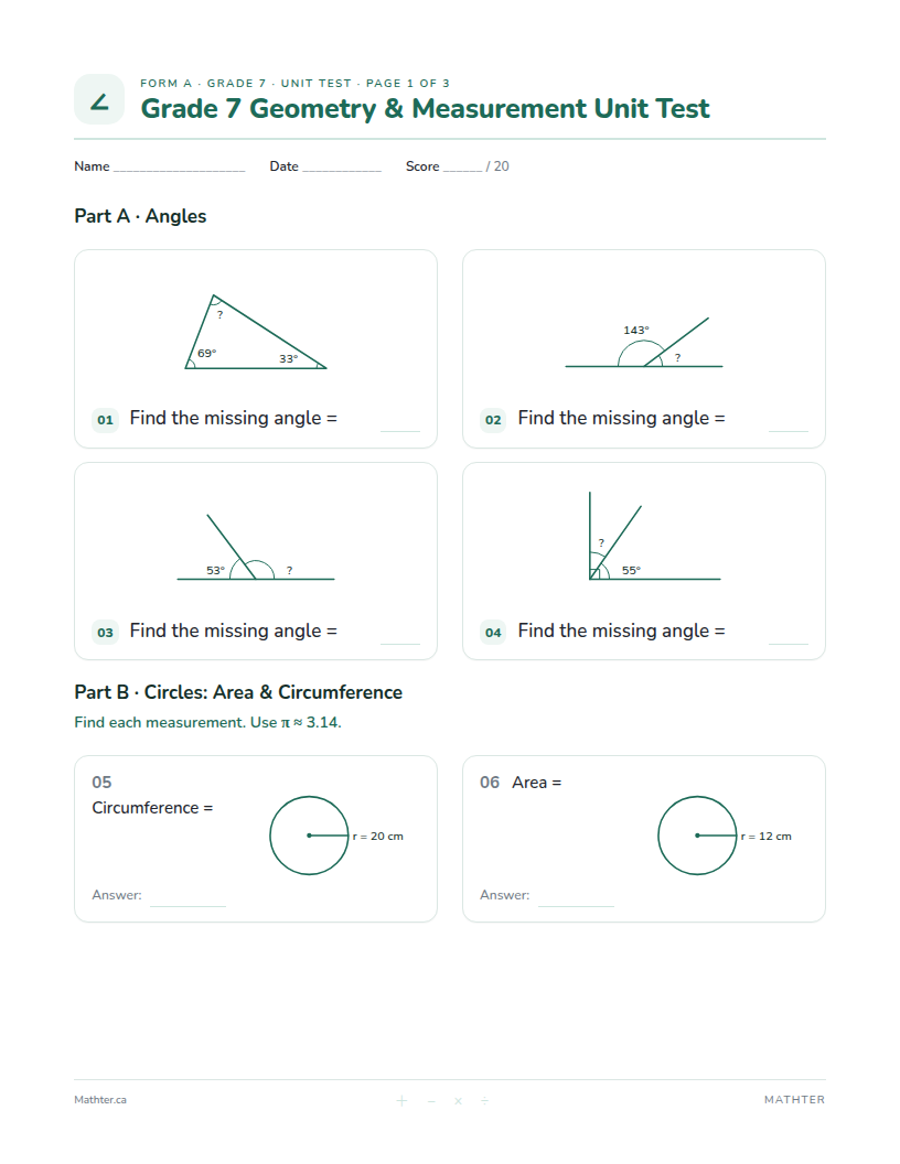 Grade 7 Geometry & Measurement unit test, page one