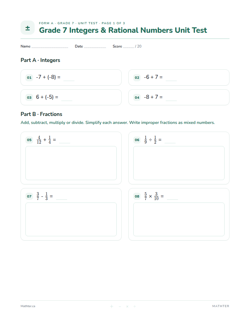 Grade 7 Integers & Rational Numbers unit test, page one