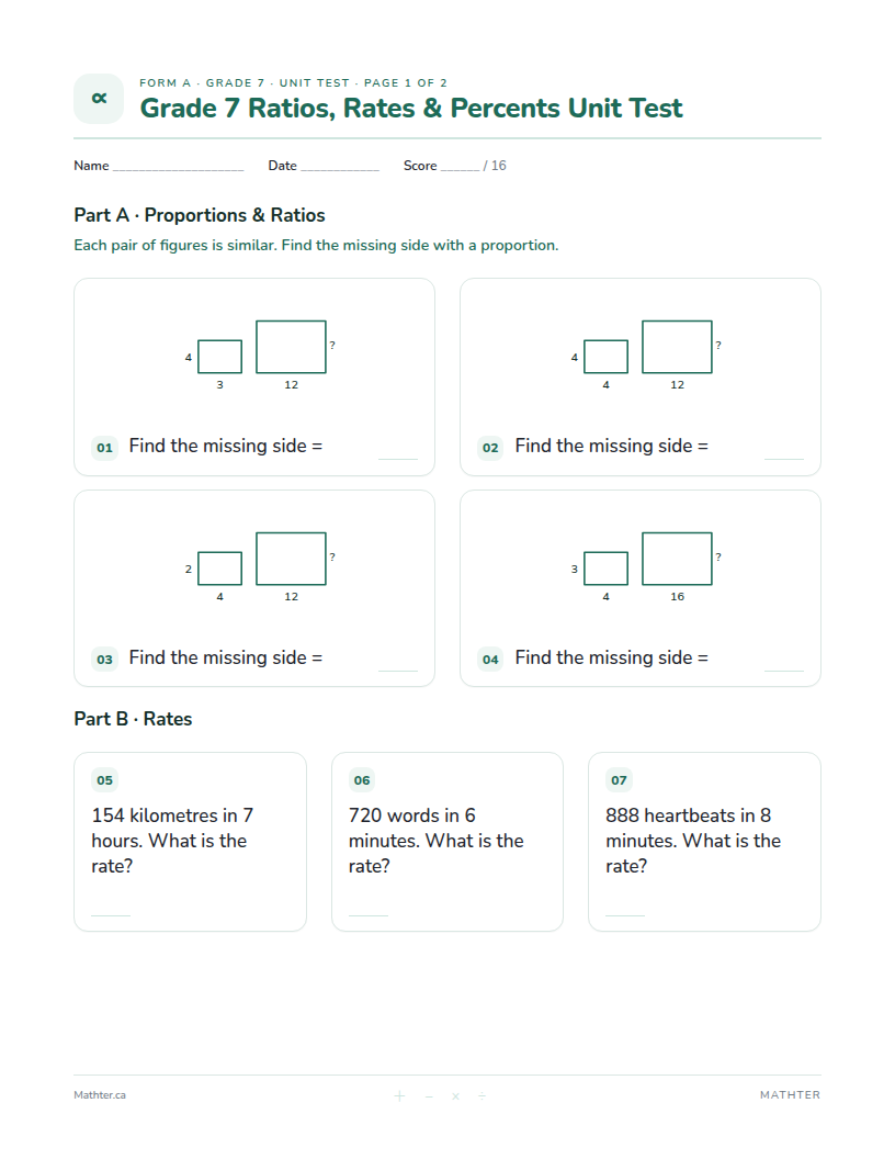 Grade 7 Ratios, Rates & Percents unit test, page one