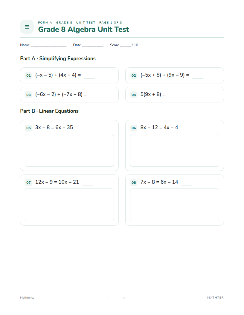 Grade 8 Algebra unit test, page one