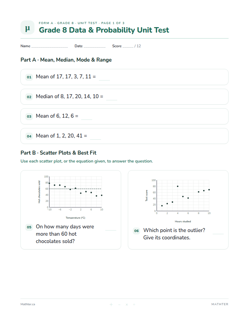 Grade 8 Data & Probability unit test, page one