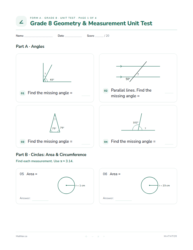 Grade 8 Geometry & Measurement unit test, page one