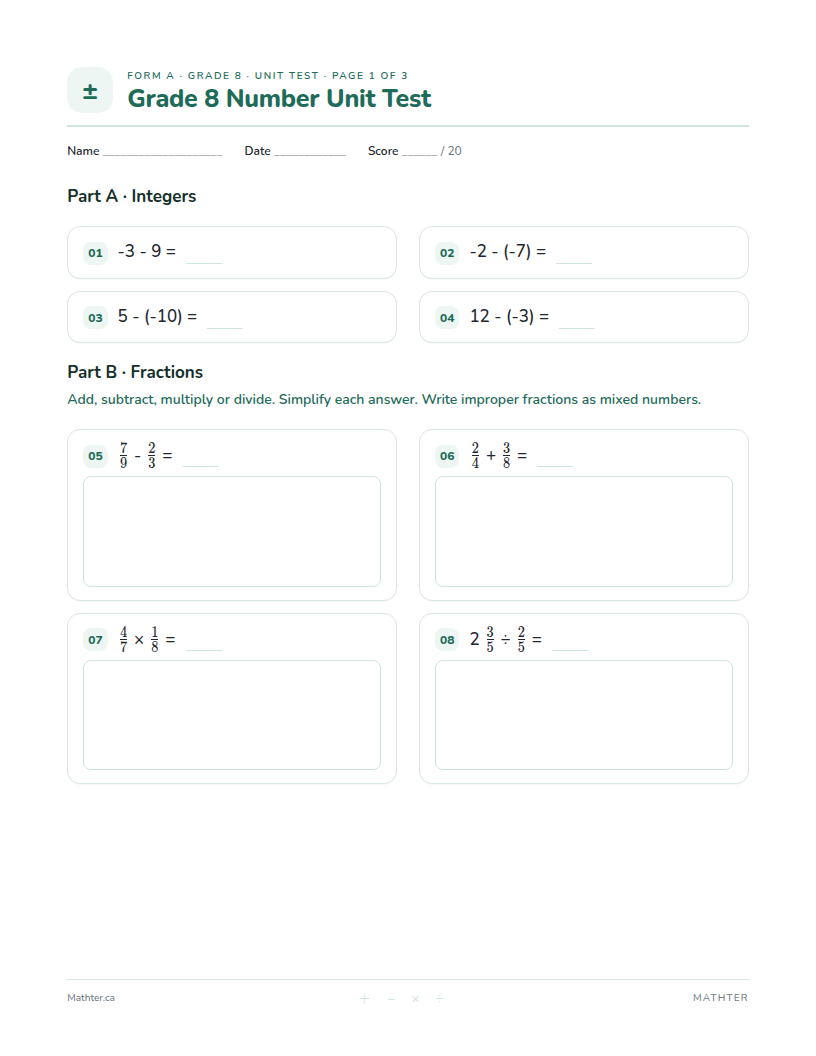 Grade 8 Number unit test, page one