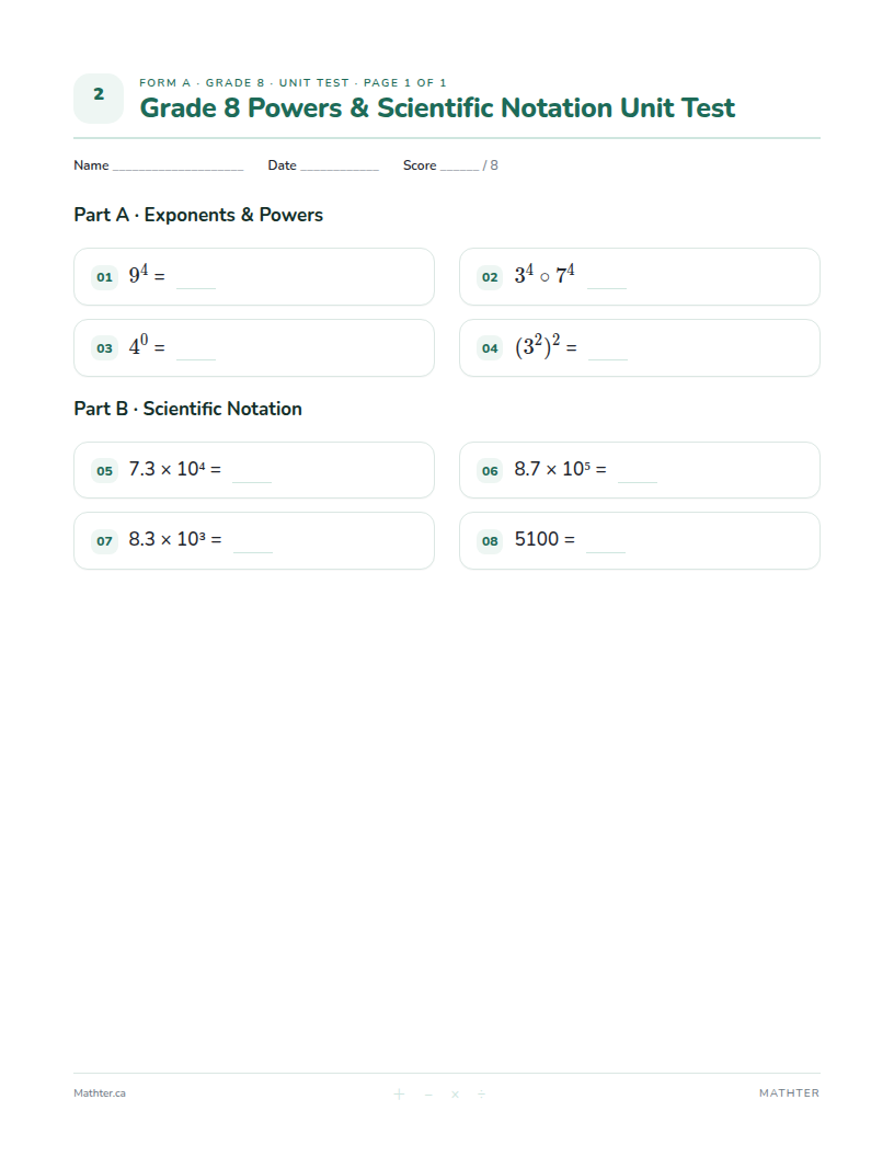 Grade 8 Powers & Scientific Notation unit test, page one