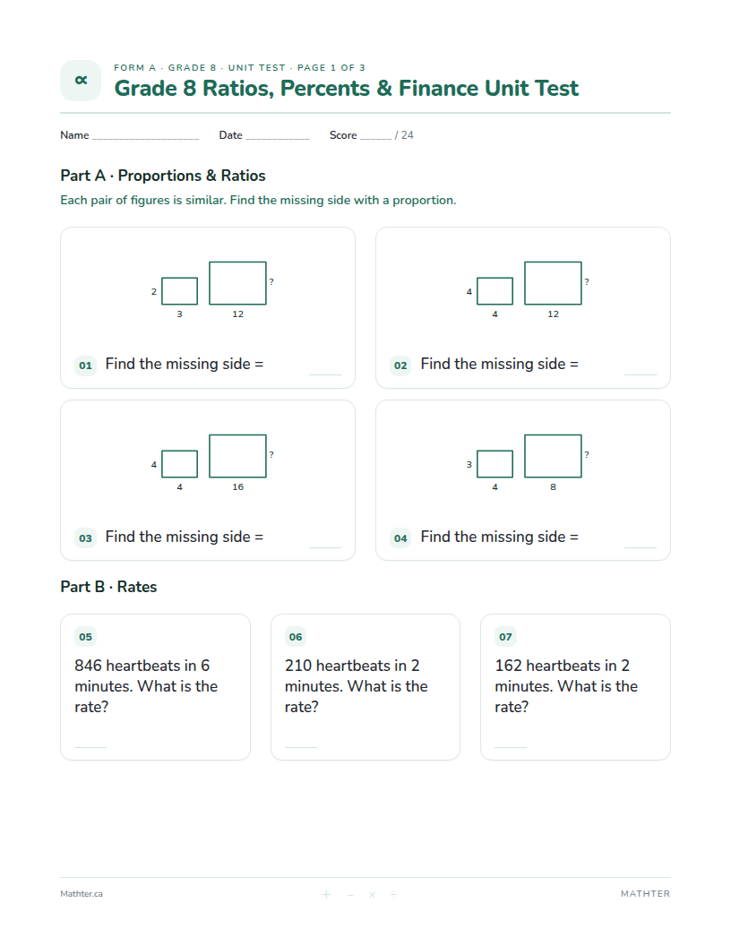 Grade 8 Ratios, Percents & Finance unit test, page one