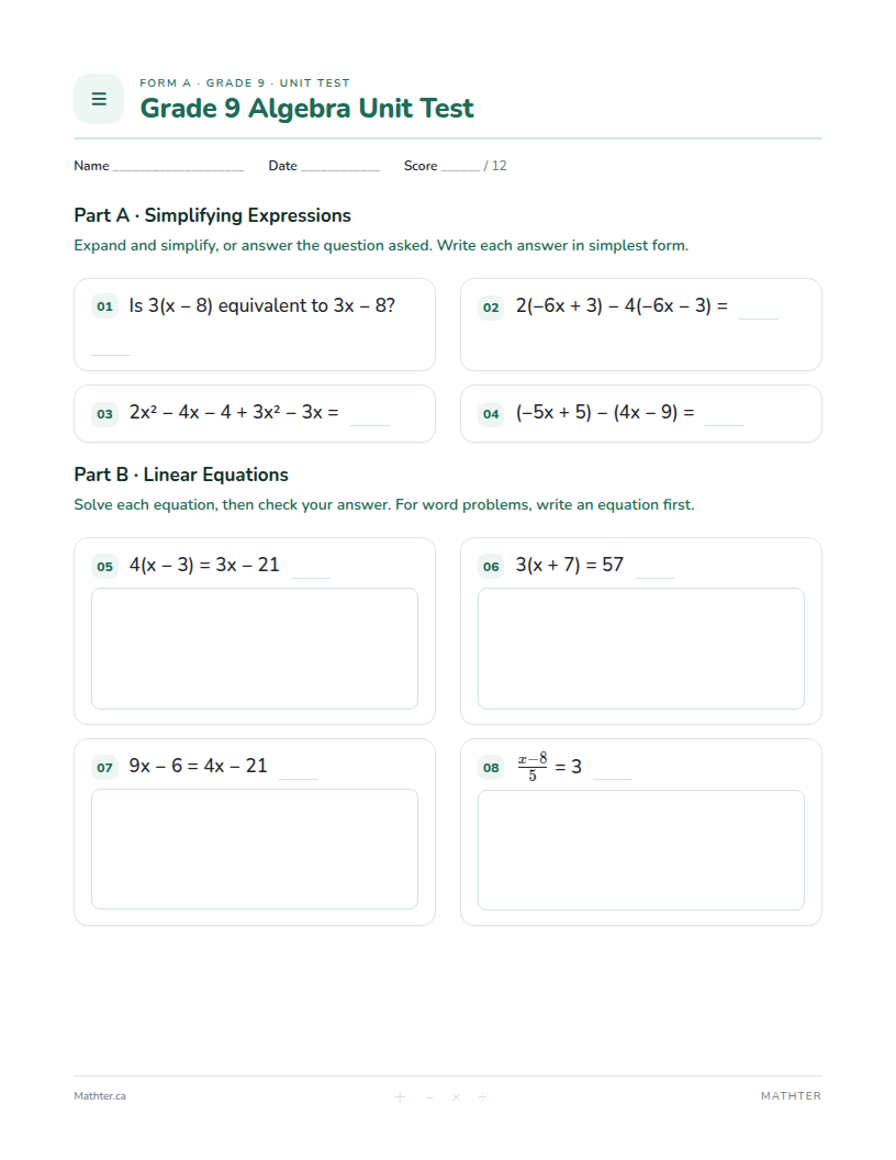 Grade 9 Algebra unit test, page one