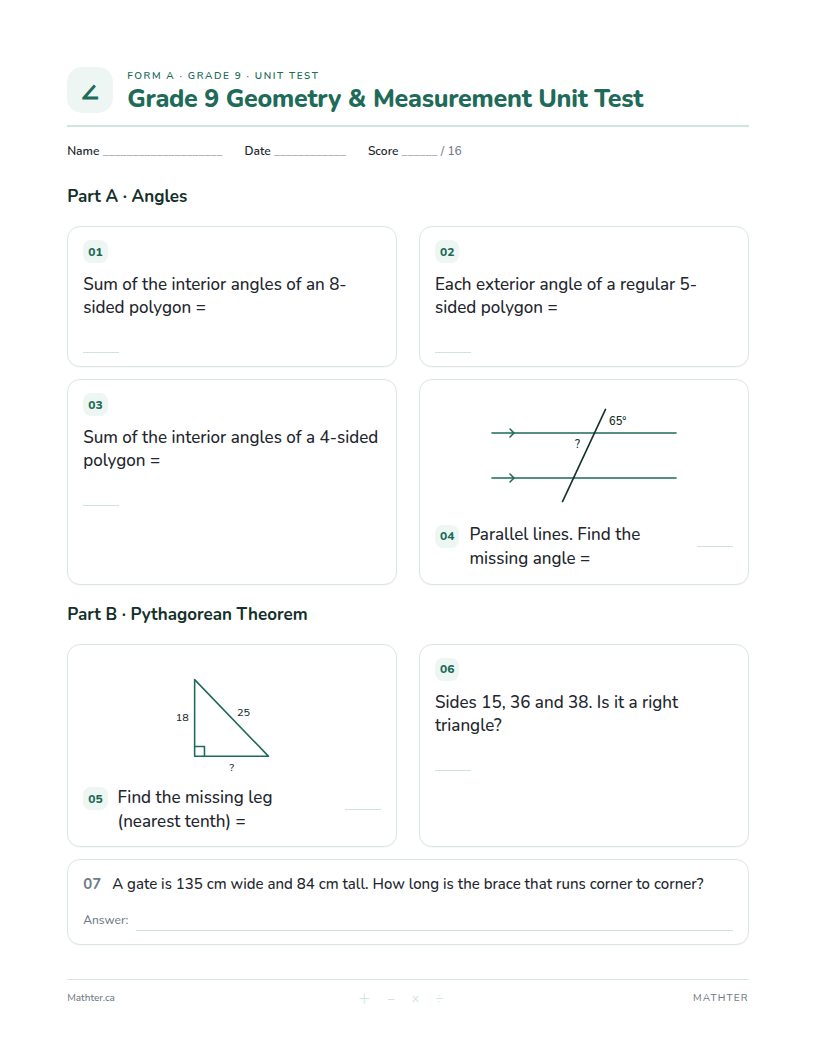 Grade 9 Geometry & Measurement unit test, page one