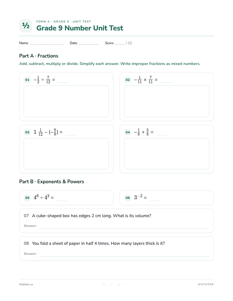 Grade 9 Number unit test, page one