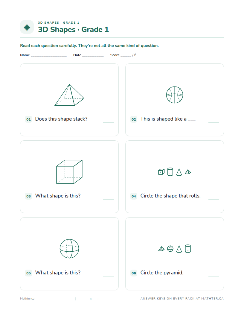 Intermediate Grade 1 3d shapes worksheet, page one