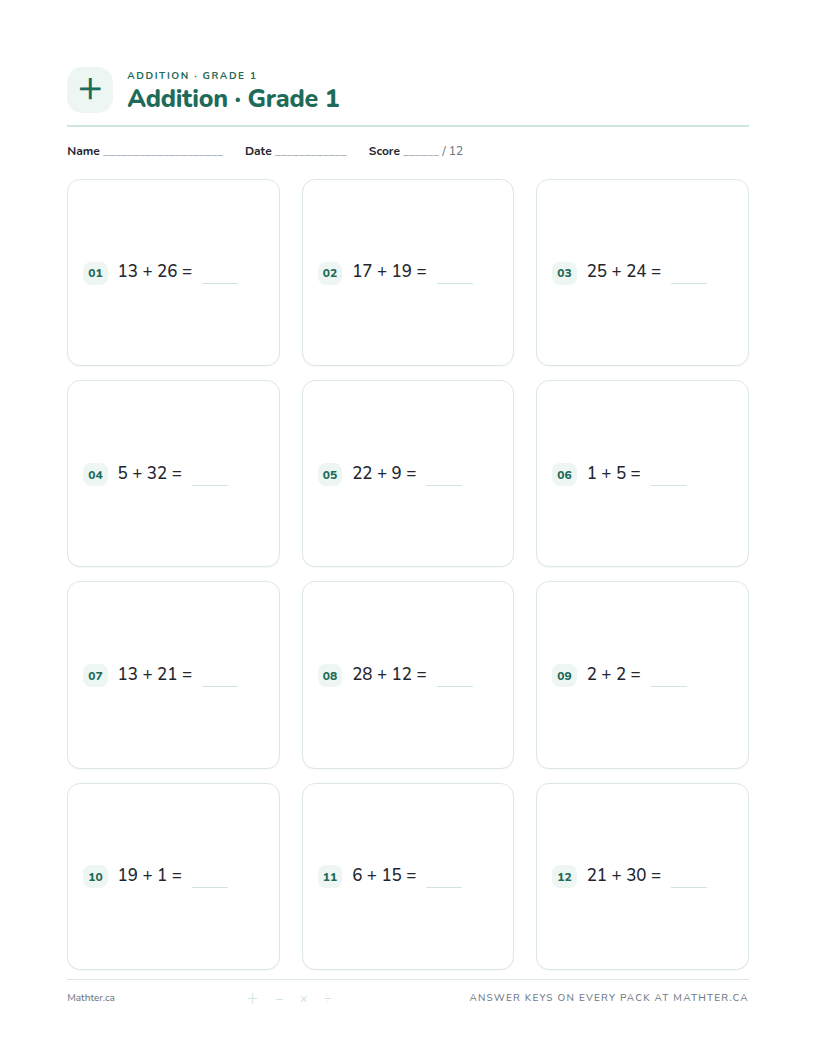 Advanced Grade 1 addition worksheet, page one