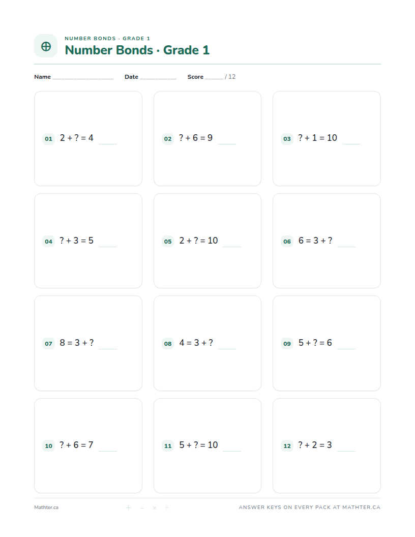 Beginner Grade 1 number bonds worksheet, page one