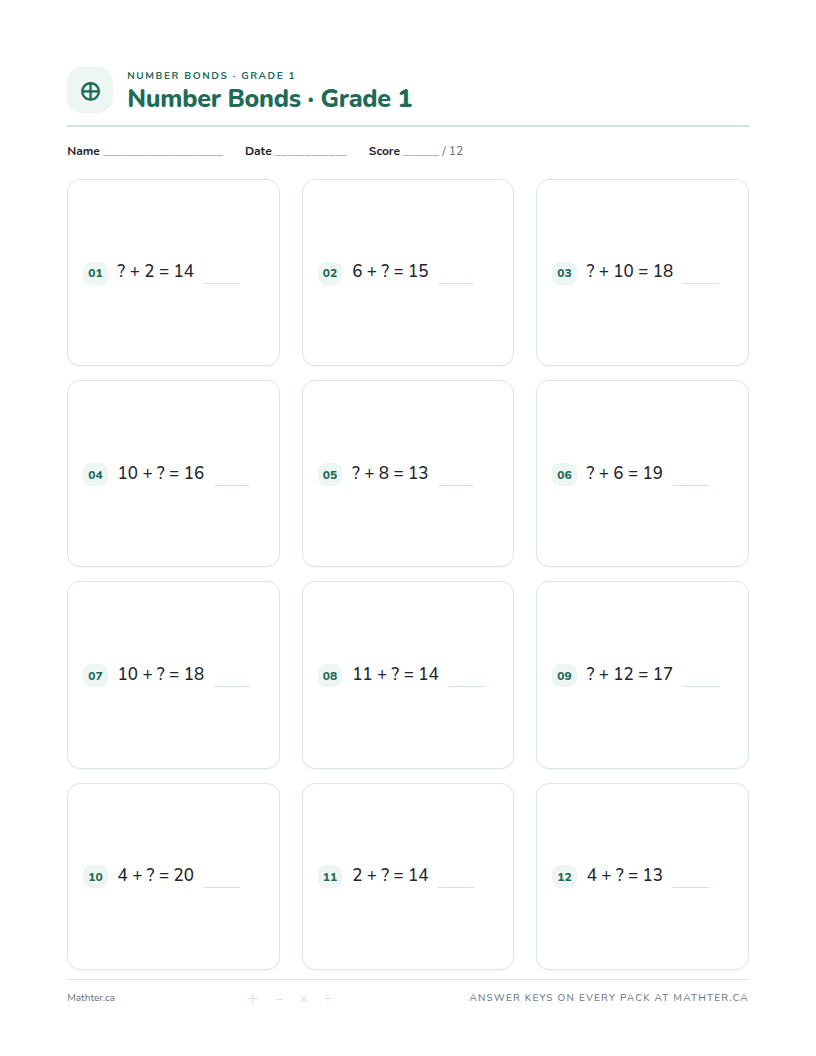 Advanced Grade 1 number bonds worksheet, page one