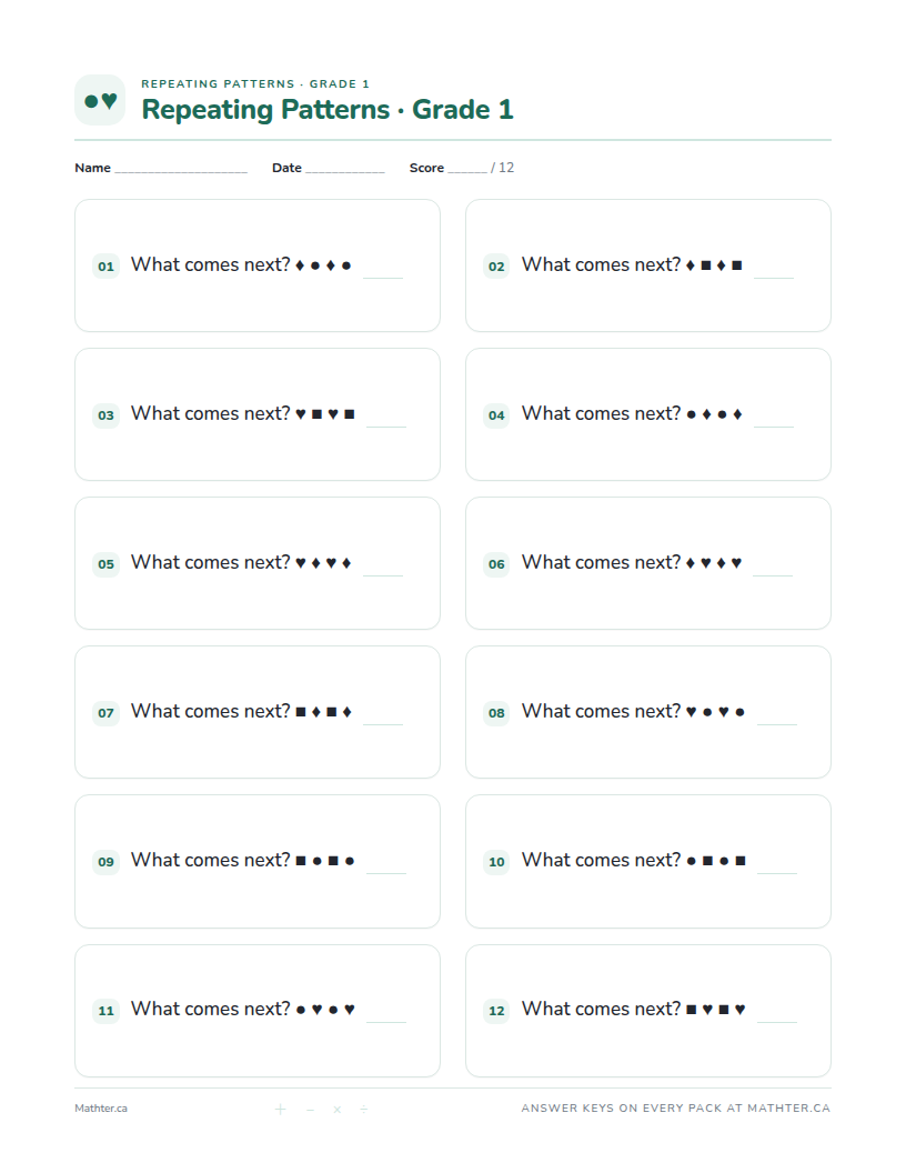 Beginner Grade 1 repeating pattern worksheet, page one