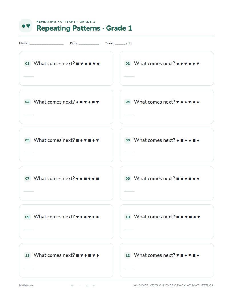 Advanced Grade 1 repeating pattern worksheet, page one