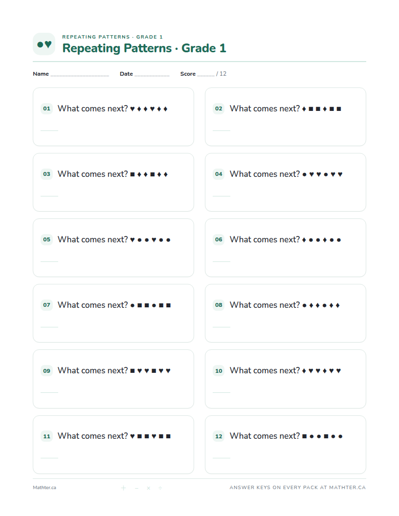 Intermediate Grade 1 repeating pattern worksheet, page one