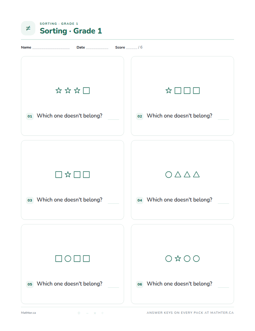 Beginner Grade 1 sorting worksheet, page one
