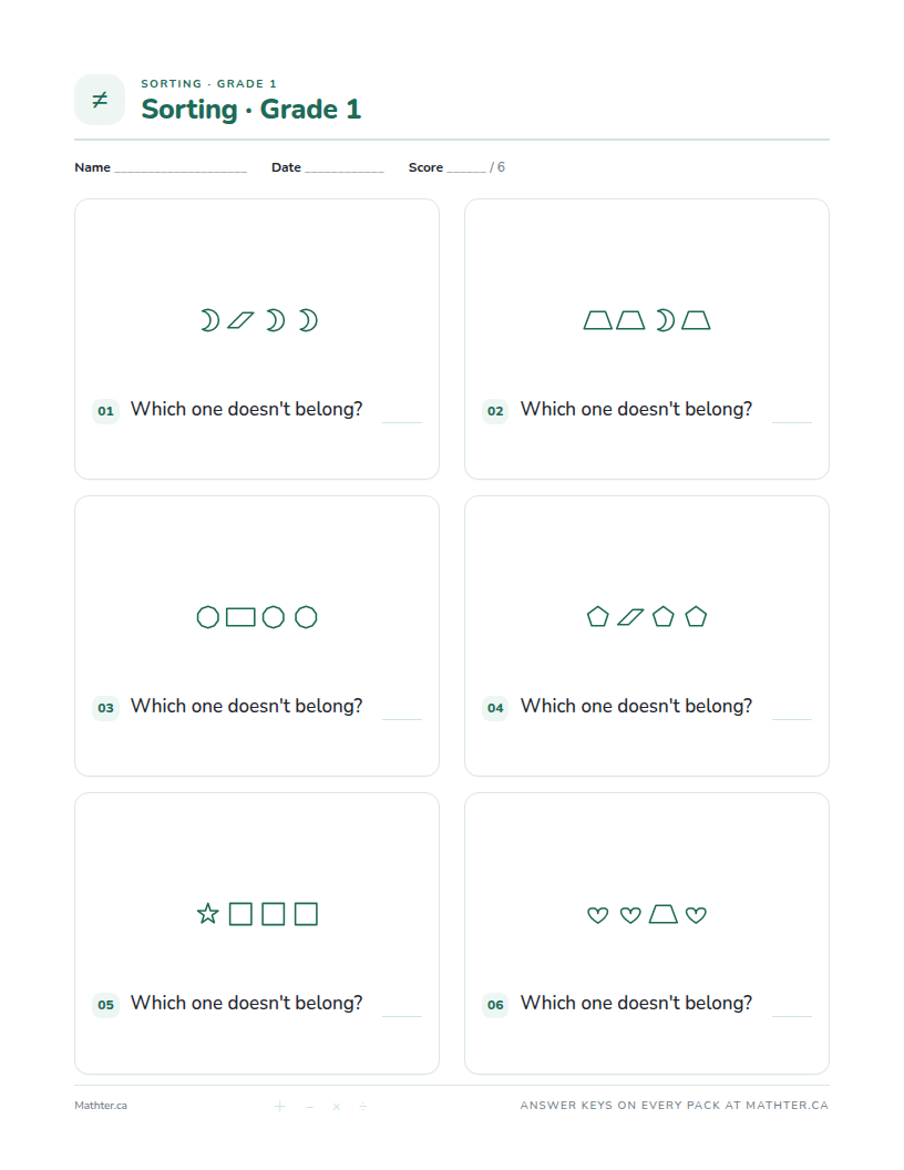 Advanced Grade 1 sorting worksheet, page one